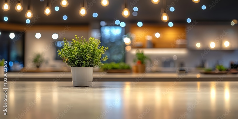 A bright and modern kitchen featuring a small green plant and warm ambient lighting. A bright and modern kitchen featuring a small green plant and warm ambient lighting.