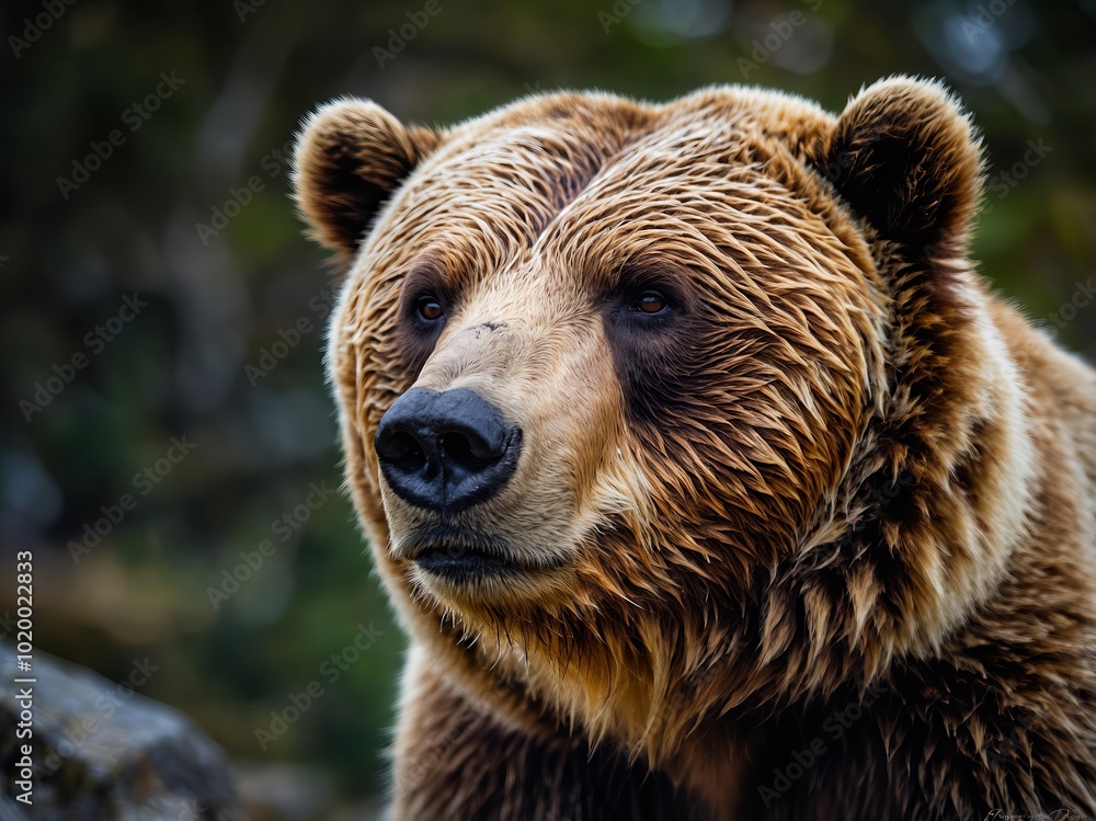 Close up of a wet furred brown bear, thick brown fur, on grass Close up of a wet furred brown bear, thick brown fur, on grass