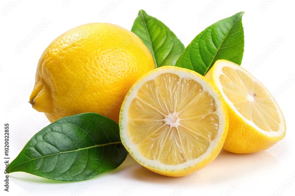 Three lemons with leaves on white background Three lemons with leaves on white background