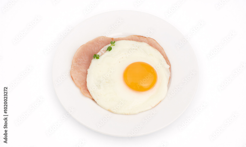 ham and egg white plate isolated on white background ham and egg white plate isolated on white background