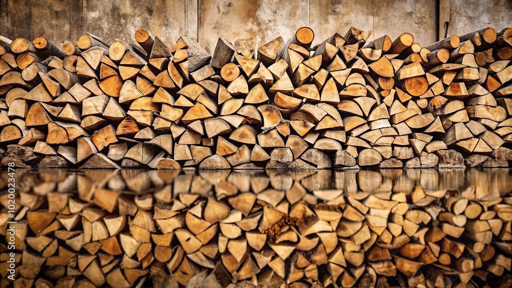 Background texture of chopped firewood against wall reflected in water Background texture of chopped firewood against wall reflected in water