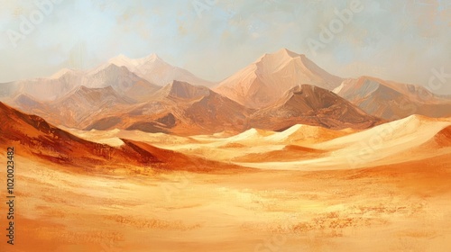 A serene desert landscape with mountains and sand dunes under a soft sky.