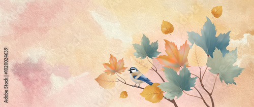 Abstract watercolor autumn banner. Collage with fall leaves