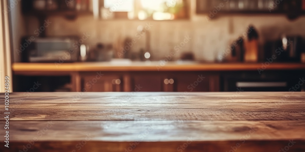 Warm wooden kitchen countertop with a soft focus on a cozy kitchen setting. Warm wooden kitchen countertop with a soft focus on a cozy kitchen setting.