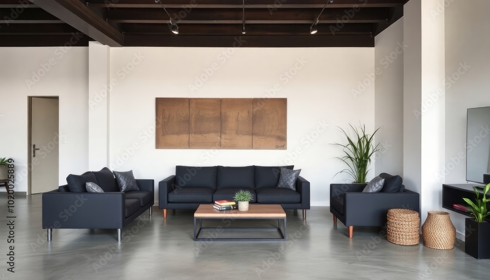 Minimalist industrial living room with a sleek design, showcasing a dark gray sofa, concrete flooring, and unique wall art that adds depth to the space. Minimalist industrial living room with a sleek design, showcasing a dark gray sofa, concrete flooring, and unique wall art that adds depth to the space.