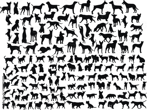 Dogs silhouettes set. puppy characters design collection with flat black color in different poses. Set of funny pet animals