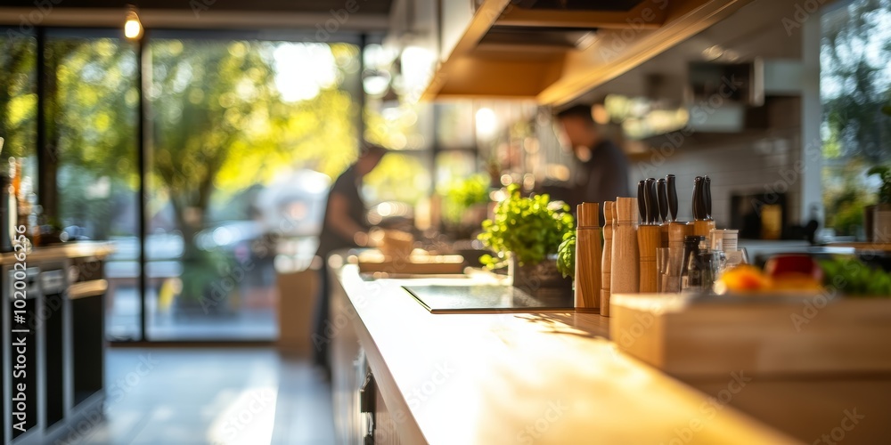 Bright and modern kitchen with chefs preparing fresh meals amidst greenery. Bright and modern kitchen with chefs preparing fresh meals amidst greenery.
