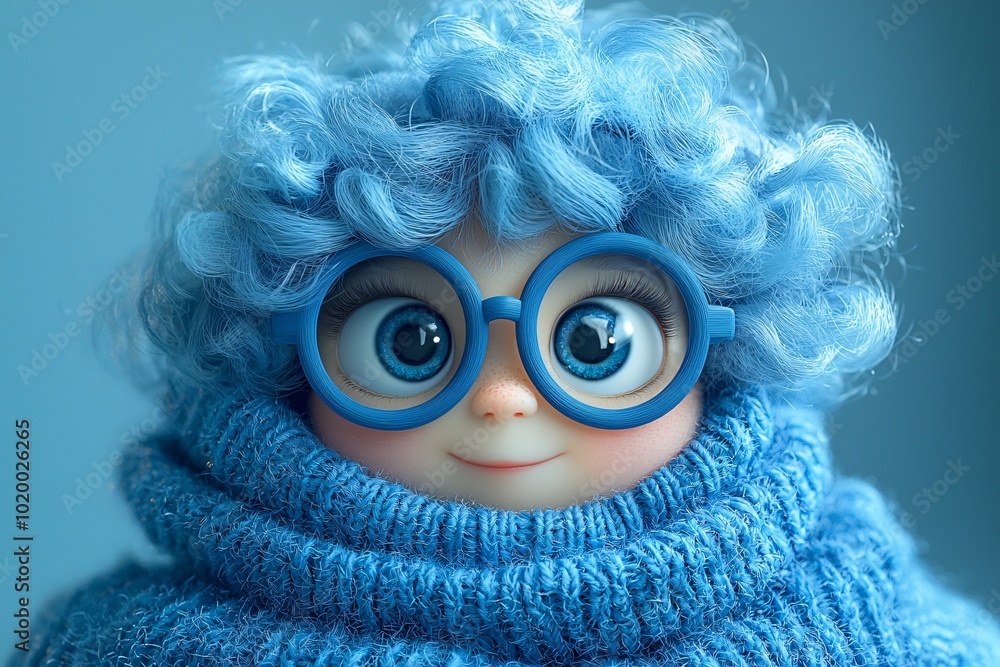 Fototapeta premium A serene cartoon character in a cozy blue sweater, designed for Mental Health Day, symbolizing comfort and tranquility, perfect for wellness promotions or mindfulness content.