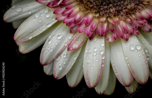 Close up moody subdued light image of a pink and white gerbera daisy with raindrops. photo