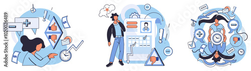 Critical thinking. Main elements include a person analyzing data with charts and clocks, an individual in an office setting with documents, and multitasking scenes. Ideal for time management