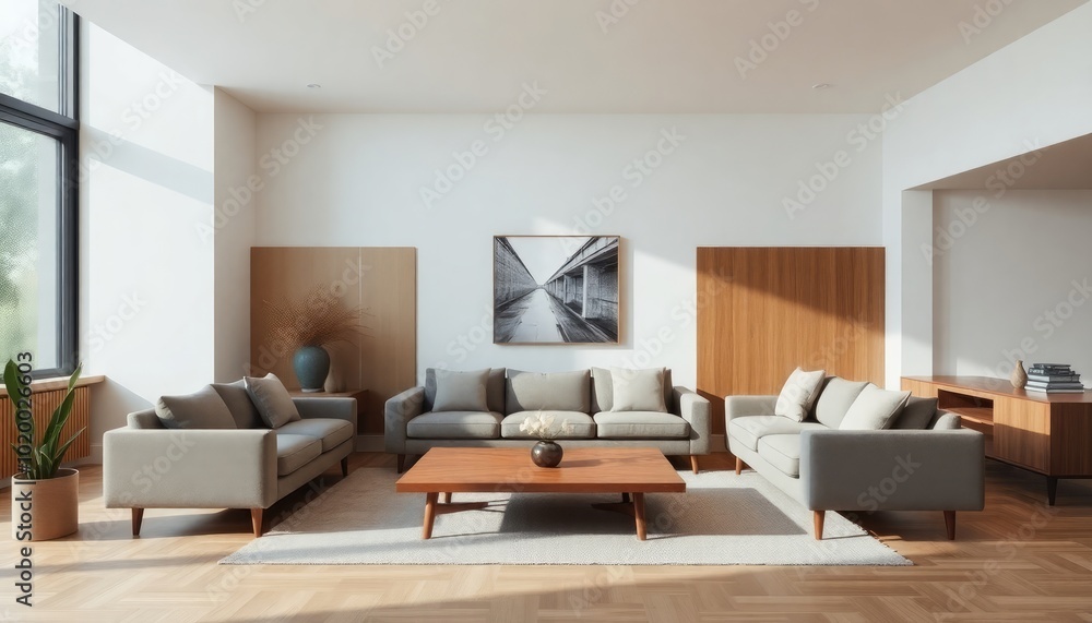 Stylish living room with a minimalist Mid-Century aesthetic, featuring a low-profile sectional, sleek wood paneling, and a single piece of striking artwork. Stylish living room with a minimalist Mid-Century aesthetic, featuring a low-profile sectional, sleek wood paneling, and a single piece of striking artwork.