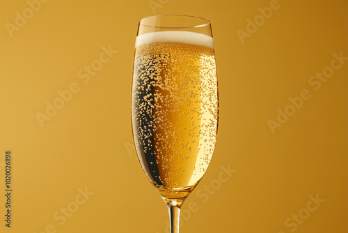 Close-up of champagne glass filled with bubbly drink, set against a golden background, showcasing celebration and luxury photo