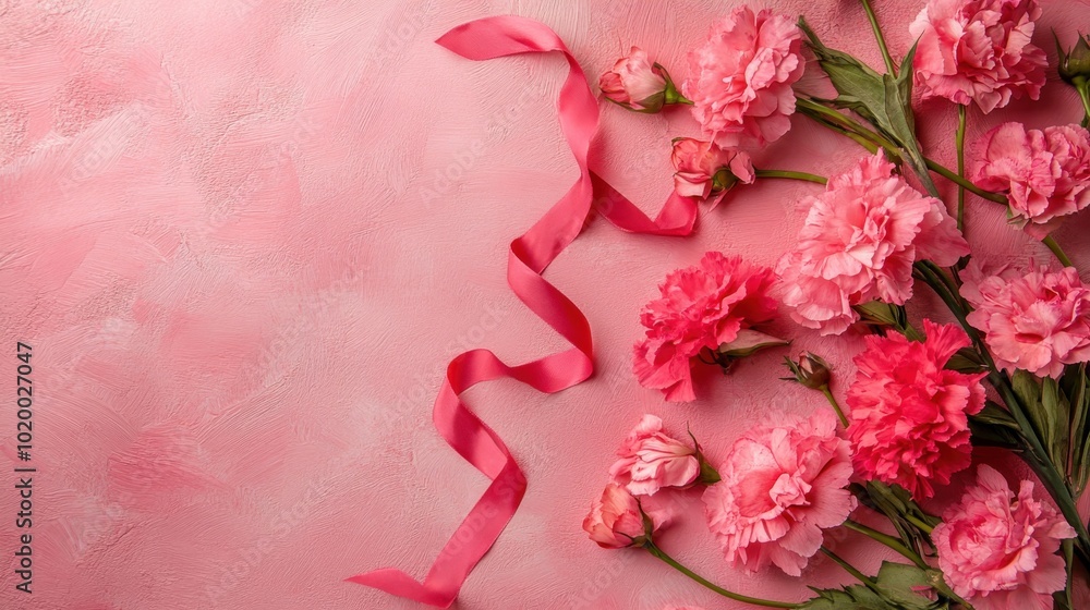 Beautiful arrangement of pink flowers with ribbons on a soft pink background, perfect for crafting or decoration Beautiful arrangement of pink flowers with ribbons on a soft pink background, perfect for crafting or decoration