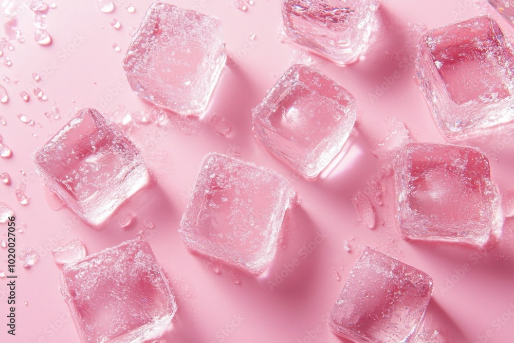 An overhead view of clear ice cubes on a soft pink surface with water droplets An overhead view of clear ice cubes on a soft pink surface with water droplets