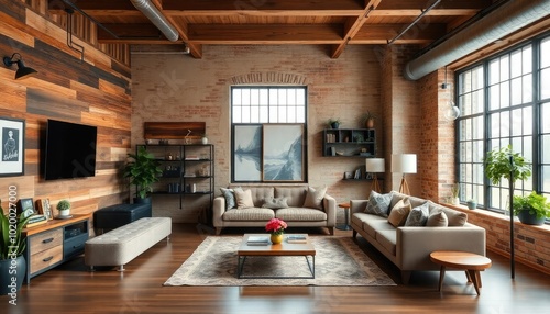 Stylish industrial living room with a creative layout, featuring a sunken seating area, reclaimed wood accents, and industrial-style light fixtures.