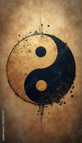 Yin Yang Symbol with Grunge Texture: Artistic rendition of the Yin Yang symbol on a textured sepia background, with splatter effects and drips to add a modern, grunge aesthetic, vertical wallpaper.