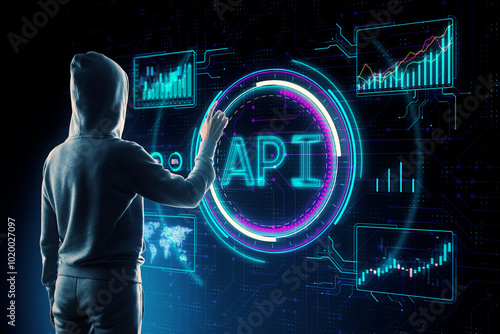 Hacker using creative API hologram on blurry background. Application Programming Interface concept. Interaction with digital icons representing API development, security.