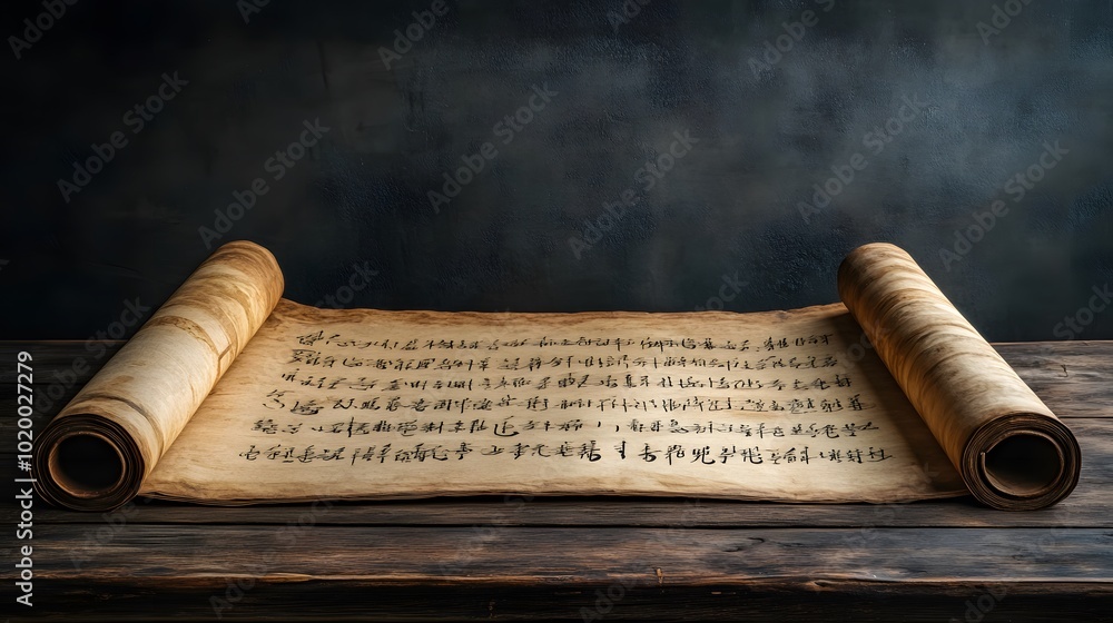Ancient Manuscript Scroll On Rustic Wooden Table With Dark Background Ancient Manuscript Scroll On Rustic Wooden Table With Dark Background