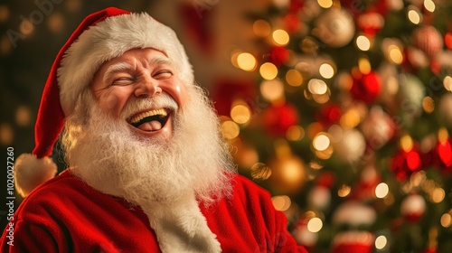 A cheerful Santa Claus laughs joyfully in front of a decorated Christmas tree.