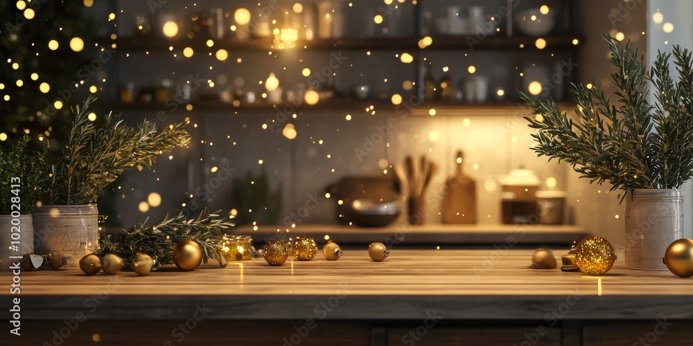 A serene kitchen setting decorated for the holidays with warm lights and golden ornaments. A serene kitchen setting decorated for the holidays with warm lights and golden ornaments.