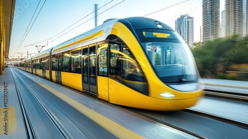 A yellow tram in motion at a modern urban station.