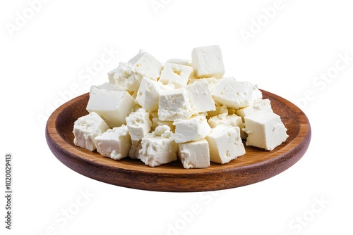 Fresh Feta Cheese Cubes on Wooden Plate White Background