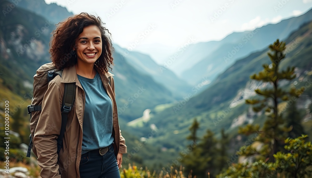 Naklejka premium Young woman hiking in a mountainous landscape on a sunny day