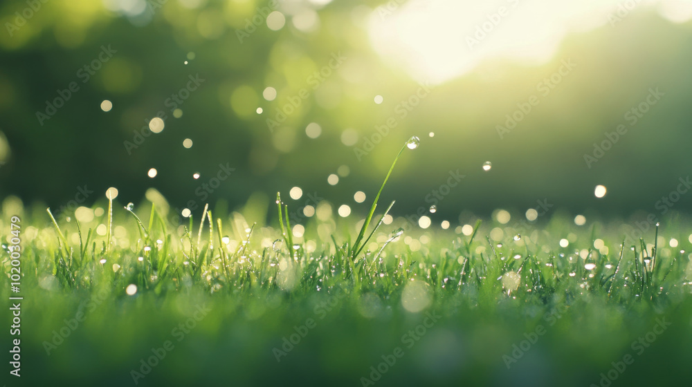 Fototapeta premium A serene morning scene featuring dew drops glistening on lush green grass, illuminated by soft sunlight. gentle sparkle creates tranquil and refreshing atmosphere