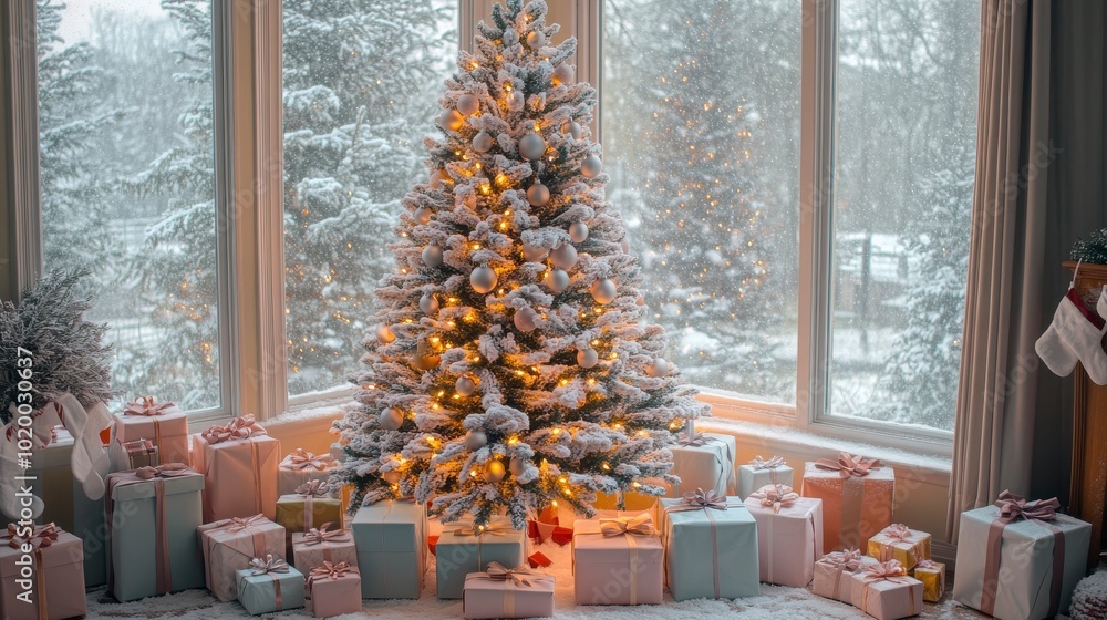 Cozy Festive Living Room with Christmas Tree and Gifts Cozy Festive Living Room with Christmas Tree and Gifts