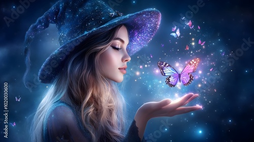 Vibrant Witch Levitates Rainbow Hued Butterflies in Whimsical Digital Art Scene