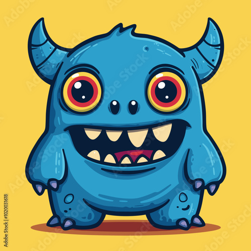 A cartoon monster with big eyes and a big smile. The monster is blue and yellow. The monster is happy and smiling