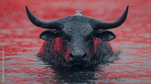 A powerful water buffalo emerging from the water, showcasing its strength and majestic presence against a vivid backdrop. photo