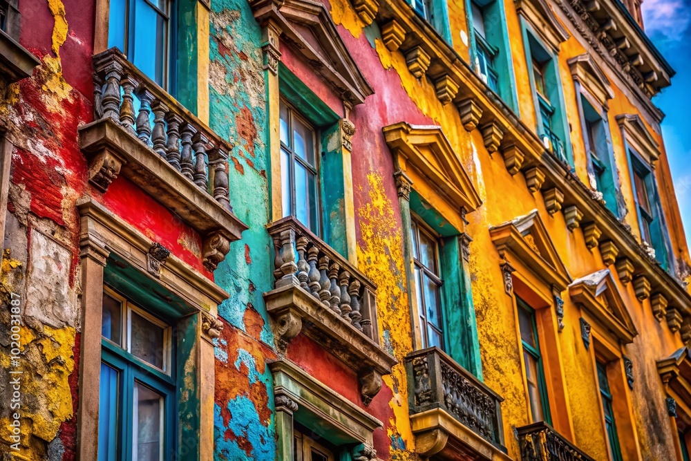 Obraz premium Textured Facade of Urban Architecture with Weathered Surfaces and Intricate Building Details