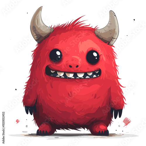 A cartoonish red monster with big horns and a big smile. The monster is standing on a white background