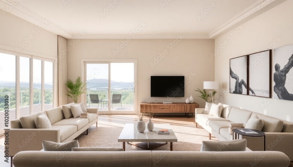 Elegant Mid-Century Modern living room with a refined color palette, featuring soft beige walls, classic furniture pieces, and large windows that offer a beautiful view. Elegant Mid-Century Modern living room with a refined color palette, featuring soft beige walls, classic furniture pieces, and large windows that offer a beautiful view.
