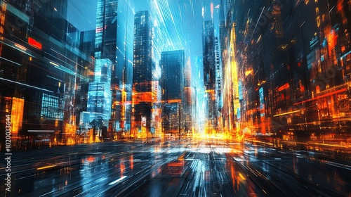 Futuristic Cityscape with Blurry Lights and Buildings