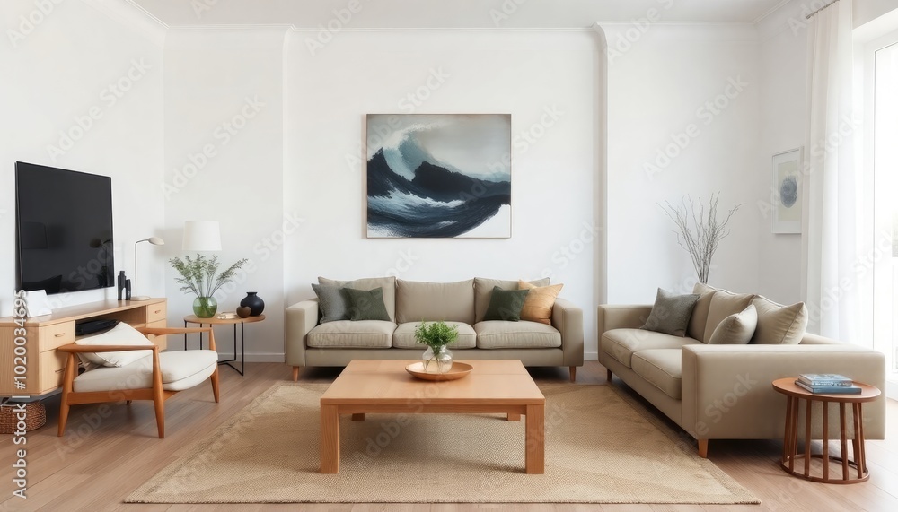 Scandinavian living room with rare custom-built furniture, featuring smooth white walls, a light wood coffee table, and a large, plush sofa. The decor is kept minimal for a clean aesthetic. Scandinavian living room with rare custom-built furniture, featuring smooth white walls, a light wood coffee table, and a large, plush sofa. The decor is kept minimal for a clean aesthetic.