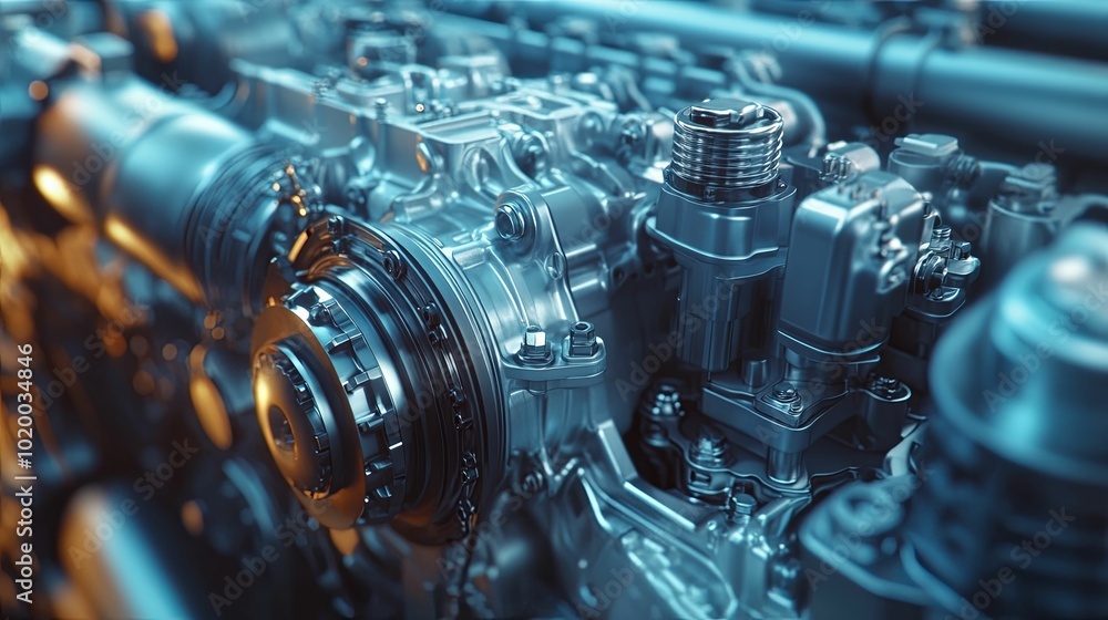 Close-up of a Shiny, Detailed Engine with Blue and Silver Tones Close-up of a Shiny, Detailed Engine with Blue and Silver Tones