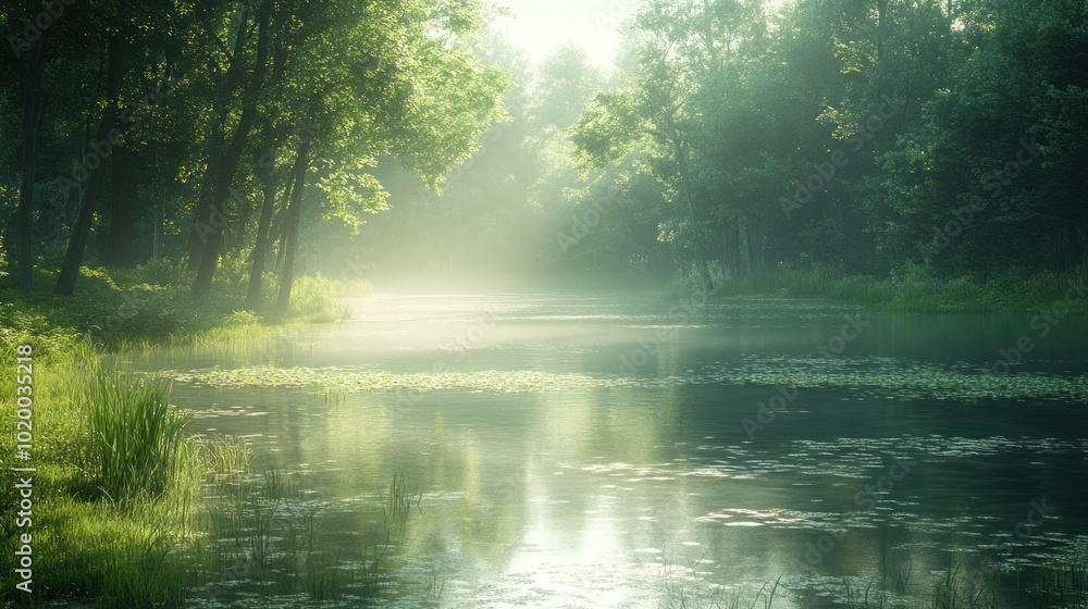 Serene forest landscape with misty water and lush greenery. Serene forest landscape with misty water and lush greenery.