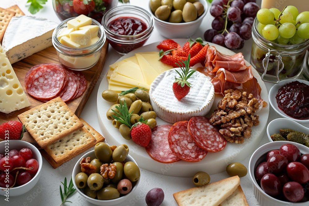 A colorful top view of a cheese platter featuring brie, sliced salami, olives, strawberries, grapes, and crackers, arranged beautifully with fresh herbs, walnuts, and jam on a white table A colorful top view of a cheese platter featuring brie, sliced salami, olives, strawberries, grapes, and crackers, arranged beautifully with fresh herbs, walnuts, and jam on a white table