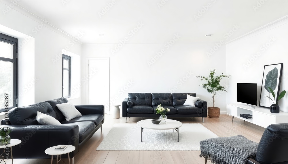 Scandinavian living room with a clean, monochrome color palette, featuring smooth white walls, a black leather sofa, and light wood flooring. The space is styled with minimalist decor Scandinavian living room with a clean, monochrome color palette, featuring smooth white walls, a black leather sofa, and light wood flooring. The space is styled with minimalist decor