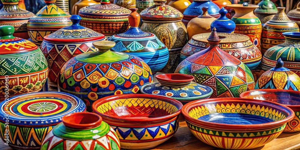 Traditional African Pottery Displaying Unique Designs and Craftsmanship in Natural Environment Traditional African Pottery Displaying Unique Designs and Craftsmanship in Natural Environment