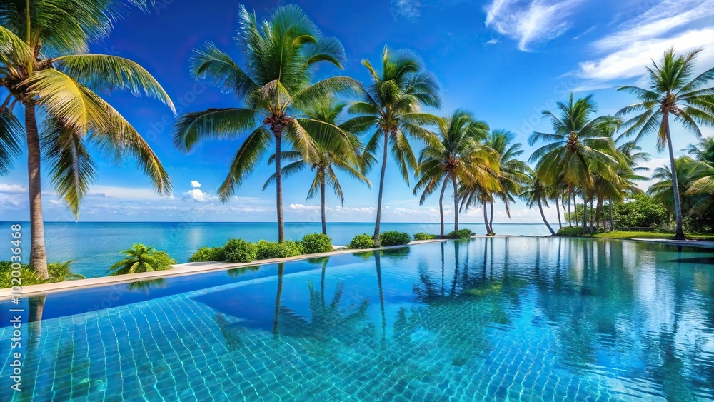 Blue pool with palm trees reflecting in the water Blue pool with palm trees reflecting in the water