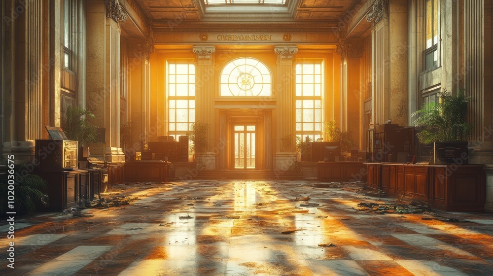 Obraz premium A sunlit, abandoned lobby with reflective floors and greenery.