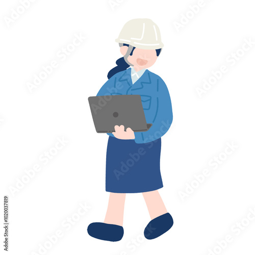 ノートパソコンを持ちながら横を覗くヘルメットをかぶった作業服・スカートの女性のフラットなイラスト
