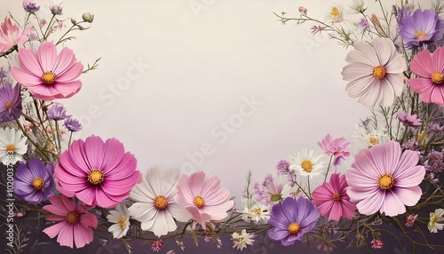 Blush and lavender cosmos flowers arranged delicately in a cycle-shaped border. blank space for creative greeting card etc