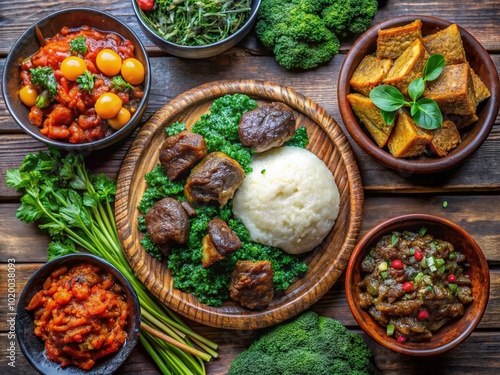 Traditional Kenyan Cuisine Featuring Ugali, Sukuma Wiki, Nyama Choma, and Fresh Vegetables on Plate photo