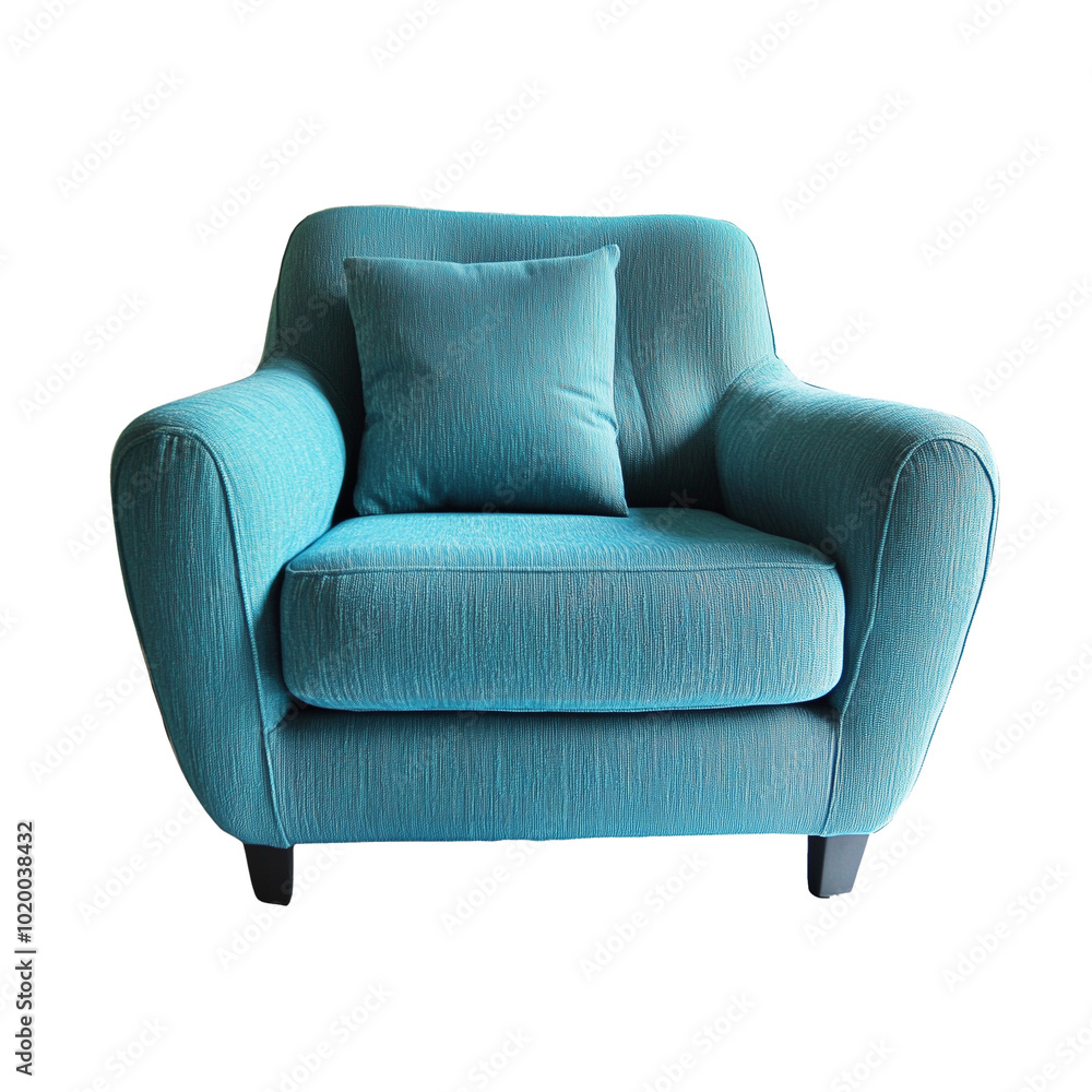 Elegant teal armchair featuring a matching cushion, isolated against a transparent background. Perfect for modern interiors, highlighting comfort and style. Elegant teal armchair featuring a matching cushion, isolated against a transparent background. Perfect for modern interiors, highlighting comfort and style.