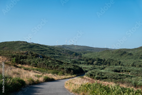 Entre florestas e verdejantes paisagens, uma estrada com um parque eólico ao fundo na Serra do Caramulo em Portugal