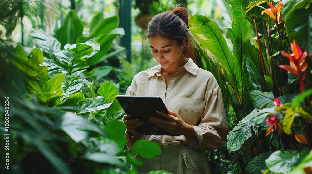 Woman Using Tablet in Lush Greenery Woman Using Tablet in Lush Greenery